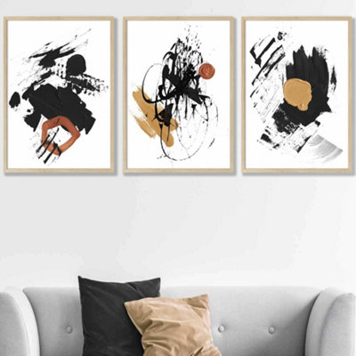 Set of 3 Framed Framed Abstract Black, Yellow, Orange Oil Strokes / 50x70cm / Oak