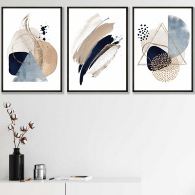 Set of 3 Framed  Framed Abstract Blue Beige Watercolour Shapes / 30x42cm (A3) / Black