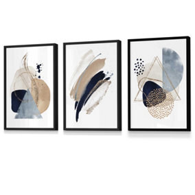 Set of 3 Framed  Framed Abstract Blue Beige Watercolour Shapes / 30x42cm (A3) / Black