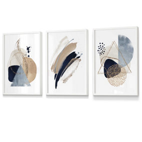 Set of 3 Framed  Framed Abstract Blue Beige Watercolour Shapes / 30x42cm (A3) / White