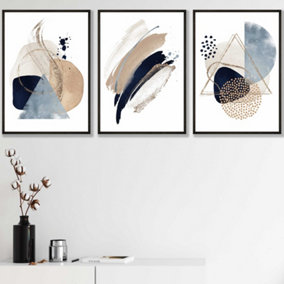 Set of 3 Framed  Framed Abstract Blue Beige Watercolour Shapes / 42x59cm (A2) / Black