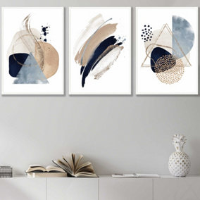 Set of 3 Framed  Framed Abstract Blue Beige Watercolour Shapes / 42x59cm (A2) / White