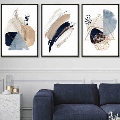 Set of 3 Framed  Framed Abstract Blue Beige Watercolour Shapes / 50x70cm / Black