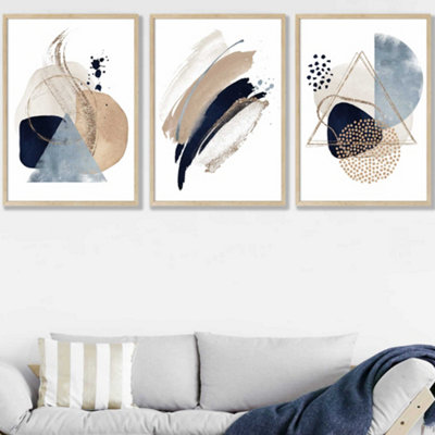 Set of 3 Framed Framed Abstract Blue Beige Watercolour Shapes / 50x70cm ...