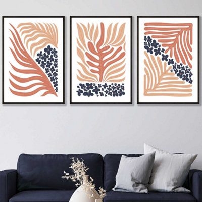 Set of 3 Framed Framed Blue and Pink Boho Abstract Floral / 30x42cm (A3) / Black