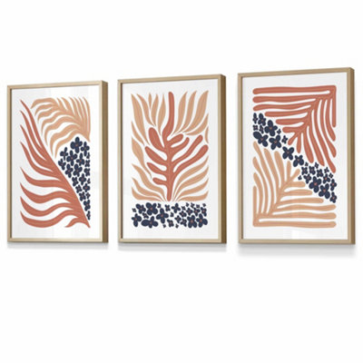 Set of 3 Framed Framed Blue and Pink Boho Abstract Floral / 30x42cm (A3) / Oak