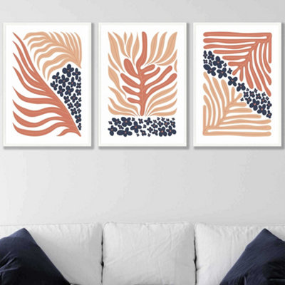 Set of 3 Framed Framed Blue and Pink Boho Abstract Floral / 50x70cm / White