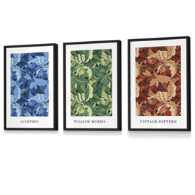 Set of 3 Framed Framed Blue, Green Brown William Morris Floral / 30x42cm (A3) / Black