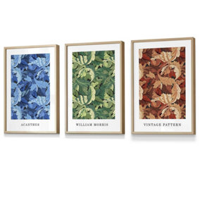 Set of 3 Framed Framed Blue, Green Brown William Morris Floral / 30x42cm (A3) / Oak
