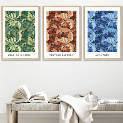 Set of 3 Framed Framed Blue, Green Brown William Morris Floral / 42x59cm (A2) / Oak