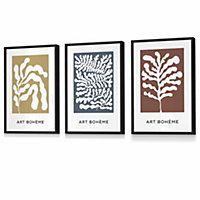 Set of 3 Framed Framed Boho Abstract Yellow, Blue, Red Floral Shapes / 30x42cm (A3) / Black