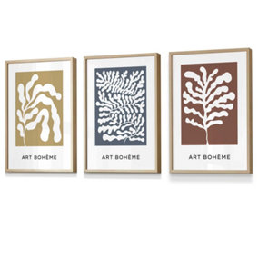 Set of 3 Framed Framed Boho Abstract Yellow, Blue, Red Floral Shapes / 30x42cm (A3) / Oak