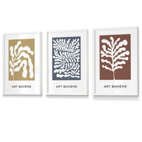 Set of 3 Framed Framed Boho Abstract Yellow, Blue, Red Floral Shapes / 30x42cm (A3) / White