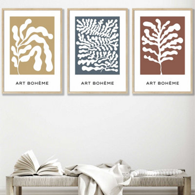 Set of 3 Framed Framed Boho Abstract Yellow, Blue, Red Floral Shapes / 50x70cm / Oak