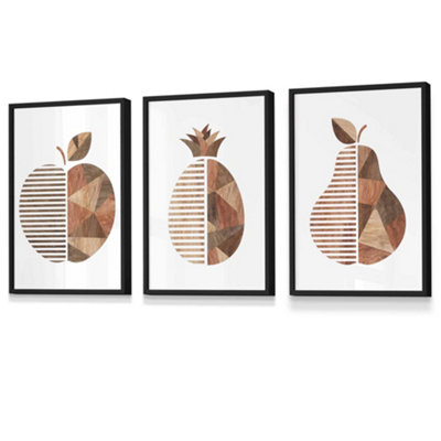 Set of 3 Framed  Framed Geometric Wood Grain Effect Fruit / 42x59cm (A2) / Black