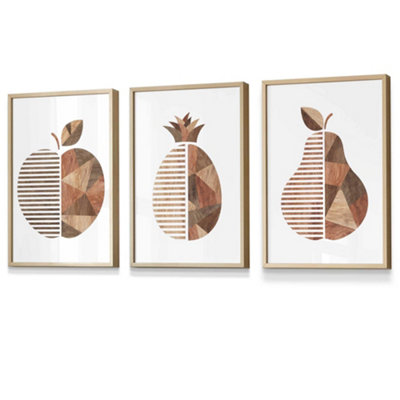 Set of 3 Framed  Framed Geometric Wood Grain Effect Fruit / 42x59cm (A2) / Oak