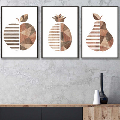 Set of 3 Framed  Framed Geometric Wood Grain Effect Fruit / 50x70cm / Black