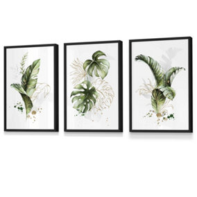 Set of 3 Framed  Framed Green and Gold Botanical Leaves / 30x42cm (A3) / Black