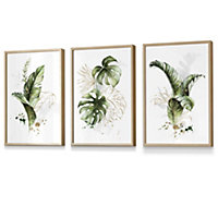 Set of 3 Framed  Framed Green and Gold Botanical Leaves / 30x42cm (A3) / Oak