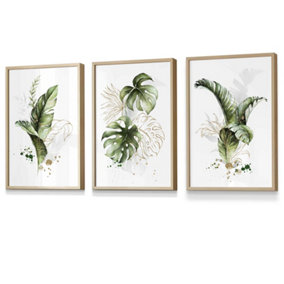 Set of 3 Framed  Framed Green and Gold Botanical Leaves / 30x42cm (A3) / Oak