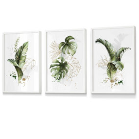 Set of 3 Framed  Framed Green and Gold Botanical Leaves / 30x42cm (A3) / White