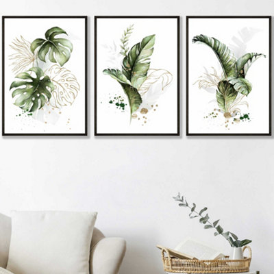 Set of 3 Framed  Framed Green and Gold Botanical Leaves / 42x59cm (A2) / Black