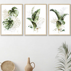 Set of 3 Framed  Framed Green and Gold Botanical Leaves / 42x59cm (A2) / Oak