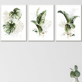 Set of 3 Framed  Framed Green and Gold Botanical Leaves / 42x59cm (A2) / White