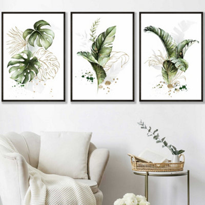 Set of 3 Framed  Framed Green and Gold Botanical Leaves / 50x70cm / Black