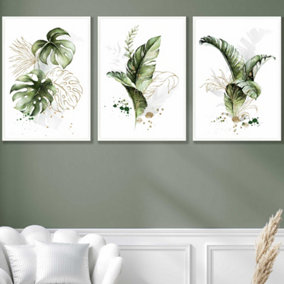 Set of 3 Framed  Framed Green and Gold Botanical Leaves / 50x70cm / White