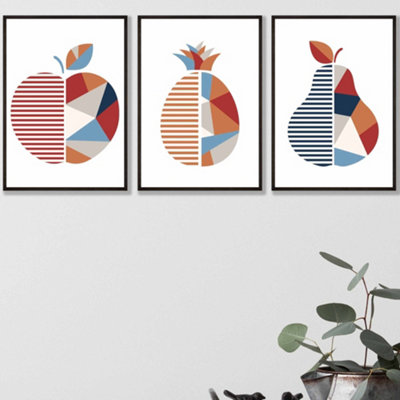 Set of 3 Framed  Fruit Kitchen Wall Art in Red, Blue and Orange / A2 (42x59.4cm) / Black Frames