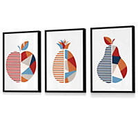 Set of 3 Framed  Fruit Kitchen Wall Art in Red, Blue and Orange / A3 (30x42cm) / Black Frames