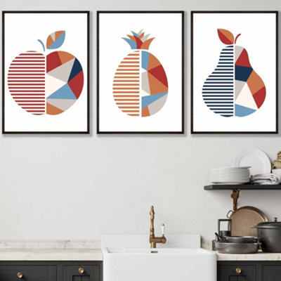 Set of 3 Framed Geometric Fruit Kitchen Wall Art in Red, Blue and Orange / 50x70cm / Black Frames