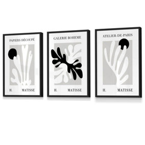 Set of 3 Framed Matisse Floral Cut Out Style in Black & Beige / 30x42cm (A3) / Black