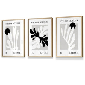 Set of 3 Framed Matisse Floral Cut Out Style in Black & Beige / 30x42cm (A3) / Oak
