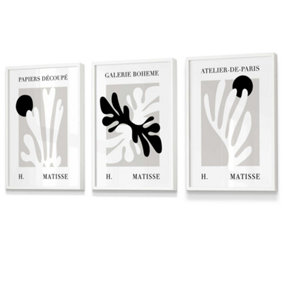 Set of 3 Framed Matisse Floral Cut Out Style in Black & Beige / 30x42cm (A3) / White