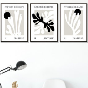 Set of 3 Framed Matisse Floral Cut Out Style in Black & Beige / 42x59cm (A2) / Black