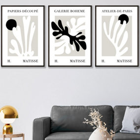 Set of 3 Framed Matisse Floral Cut Out Style in Black & Beige / 50x70cm / Black