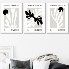 Set of 3 Framed Matisse Floral Cut Out Style in Black & Beige / 50x70cm / White