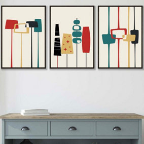 Set of 3 Framed Mid Century Modern in Teal, Red and Yellow / 42x59cm (A2) / Black