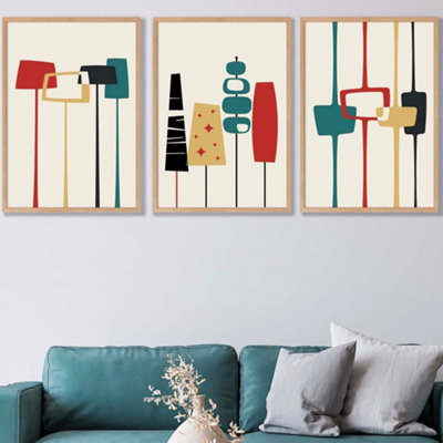 Set of 3 Framed Mid Century Modern in Teal, Red and Yellow / 42x59cm (A2) / Oak