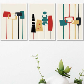 Set of 3 Framed Mid Century Modern in Teal, Red and Yellow / 42x59cm (A2) / White