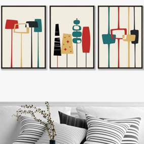 Set of 3 Framed Mid Century Modern in Teal, Red and Yellow / 50x70cm / Black