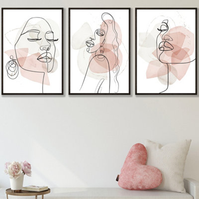 Set of 3 Framed One Line Abstract Fashion Faces in Pink and Ivory / 30x42cm (A3) / Black