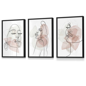 Set of 3 Framed One Line Abstract Fashion Faces in Pink and Ivory / 30x42cm (A3) / Black