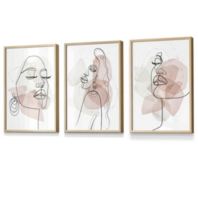 Set of 3 Framed One Line Abstract Fashion Faces in Pink and Ivory / 30x42cm (A3) / Oak