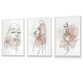Set of 3 Framed One Line Abstract Fashion Faces in Pink and Ivory / 30x42cm (A3) / White
