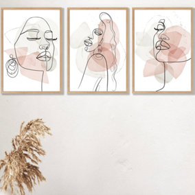 Set of 3 Framed One Line Abstract Fashion Faces in Pink and Ivory / 42x59cm (A2) / Oak