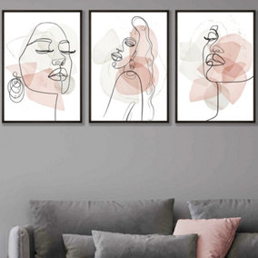 Set of 3 Framed One Line Abstract Fashion Faces in Pink and Ivory / 50x70cm / Black