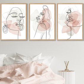 Set of 3 Framed One Line Abstract Fashion Faces in Pink and Ivory / 50x70cm / Oak